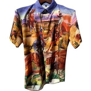 Women’s Western, Colorful Cowboy Print Button Up Shirt with an Open Collar